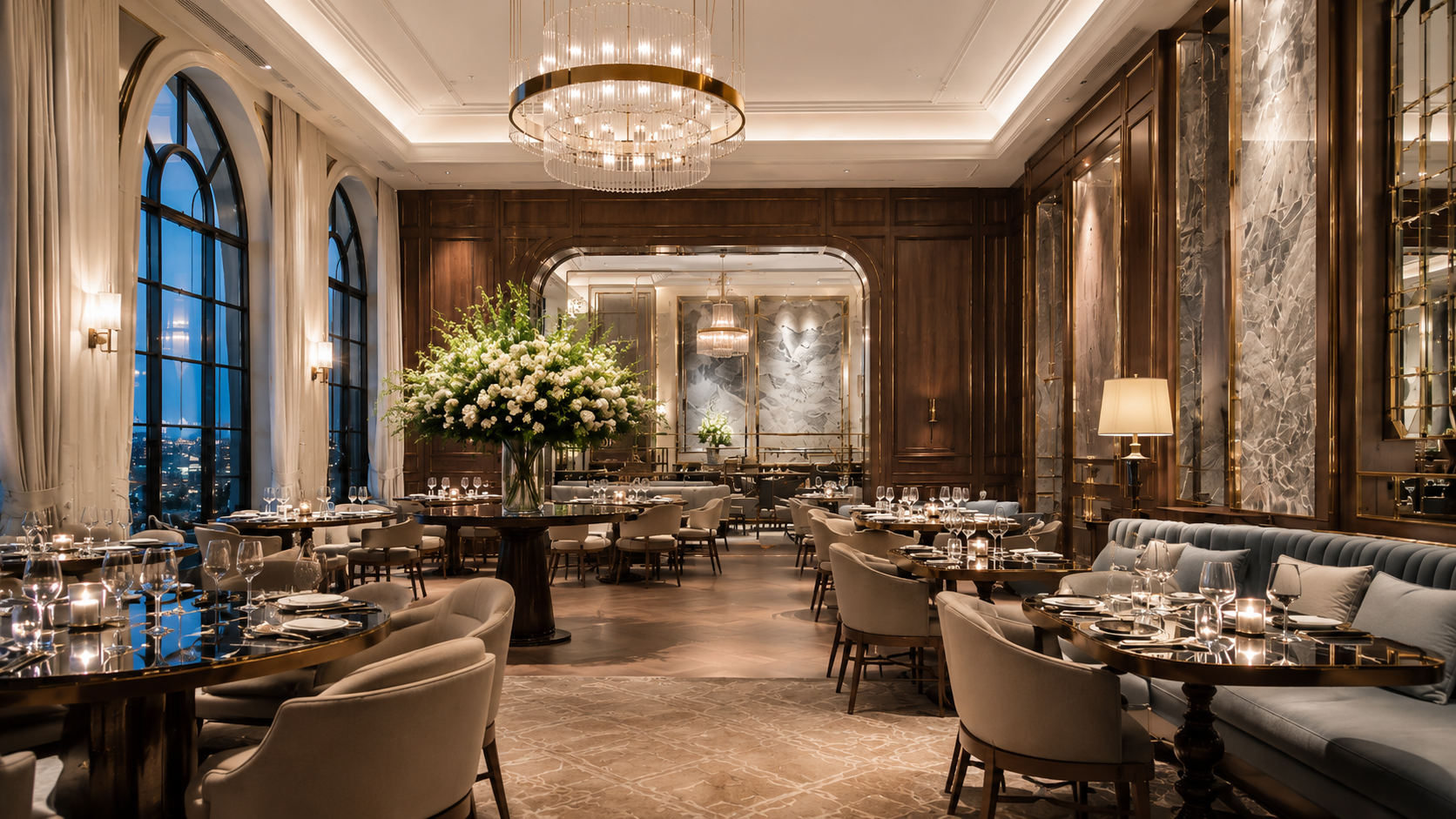 Salle de restaurant gastronomique, lustres de cristal, marbre et bois précieux